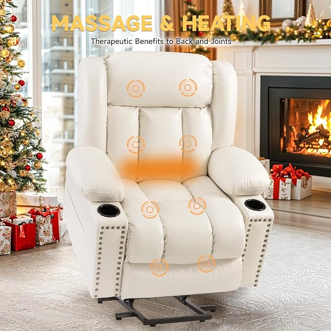 Large Power Lift Chair Recliner for Elderly with Heated and Massage, Overstuffed Adjustable Lift Chair, 3 Position, Breathable Leather, USB-A&USB-C, Cup Holder (Tall Man-7523, Beige)