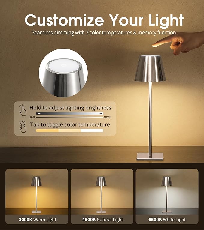 UME 3 Pack Cordless Table Lamp, Battery Operated Lamp - Portable Waterproof Rechargeable Table Lamp w/ 3 Color Temps & Stepless Dimming for Dinner, Desk, Cafe, Outdoor (Brushed Silver)