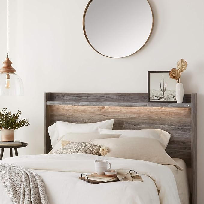 Signature Design by Ashley Baystorm Rustic Coastal LED Panel Headboard ONLY, Queen, Smoky Gray