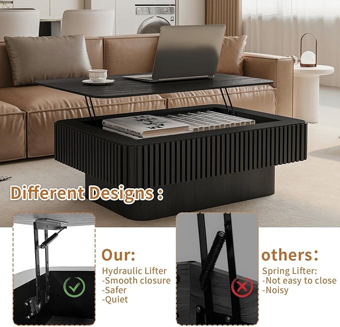 Lift Top Coffee Table for Living Room, Accent Fluted Coffee Table with Storage, Modern Solid Wood Veneered Rectangle Center Tea Table for Small Space Apartment (38.6''L×14''H-Black)