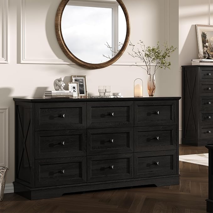 Farmhouse 9 Drawers Dresser Chests for Bedroom, Black 9 Drawers TV Stand, Long Wood Dressers Organizer for Closet, Modern Storage Organizer Cabinet for Bedroom, Hallway & Entryway