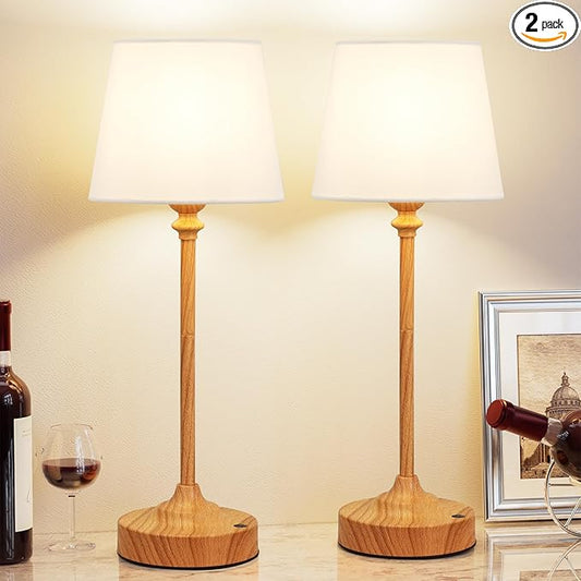 Kakanuo Cordless Table Lamps Rechargeable Set - 2 Pack Wooden 4000mAH Battery Operated Lamps for Decor, 3000K Stepless Dimming Touch Control Wireless Lamps for Bedroom, Dining Table