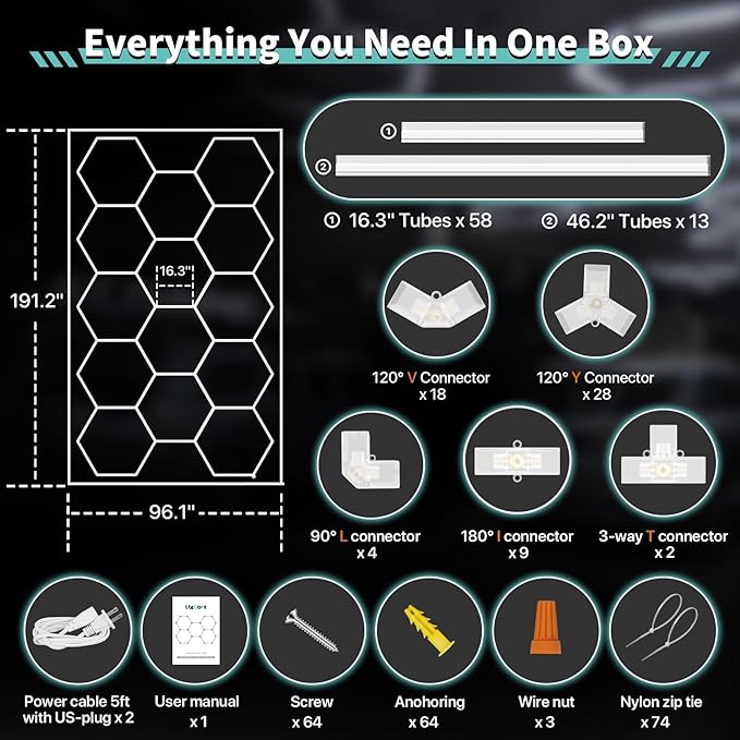 Hexagon Garage Lights, 14 Grids LED Garage Hexagon Lights with Rectangle Frame, 6500K Super Bright Honeycomb Lights for Garage, Warehouse, Car Detailing Shop, Exhibition Hall, Gym