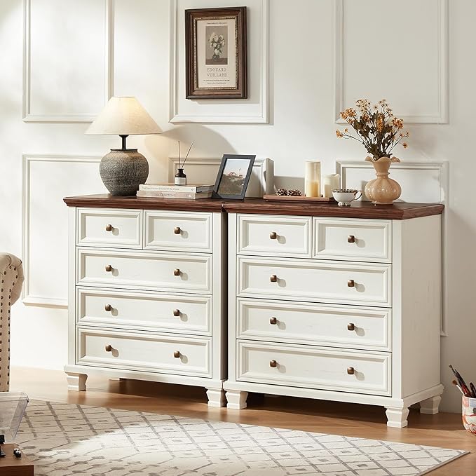 Farmhouse 5 Drawer Dresser for Bedroom, 32.6 Inch Tall Vintage Chest of Drawers, Rustic Small Dressers w/Square Solid Wood Legs, Mid-Century Storage Organizer for Living Room, White