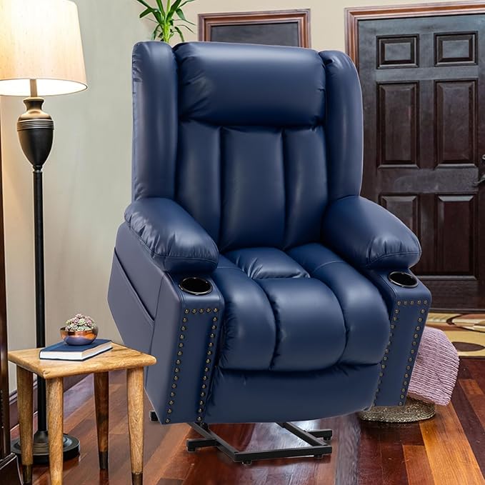 Large Power Lift Chair Recliner for Elderly with Heated and Massage, Overstuffed Adjustable Lift Chair, 3 Position, Breathable Leather, USB-A&USB-C, Cup Holder (Small-7523, Blue)