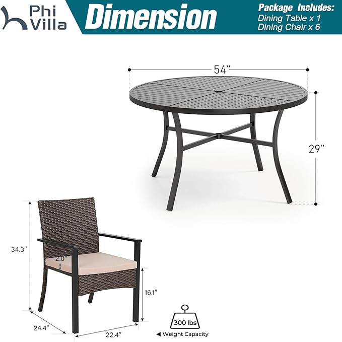 PHI VILLA 7 Pieces Patio Round Dining Set for 6, Large Metal Outdoor Dining Table with Umbrella Hole & Cushioned Wicker Rattan Chairs, Dining Furniture Set for Deck, Yard, Porch