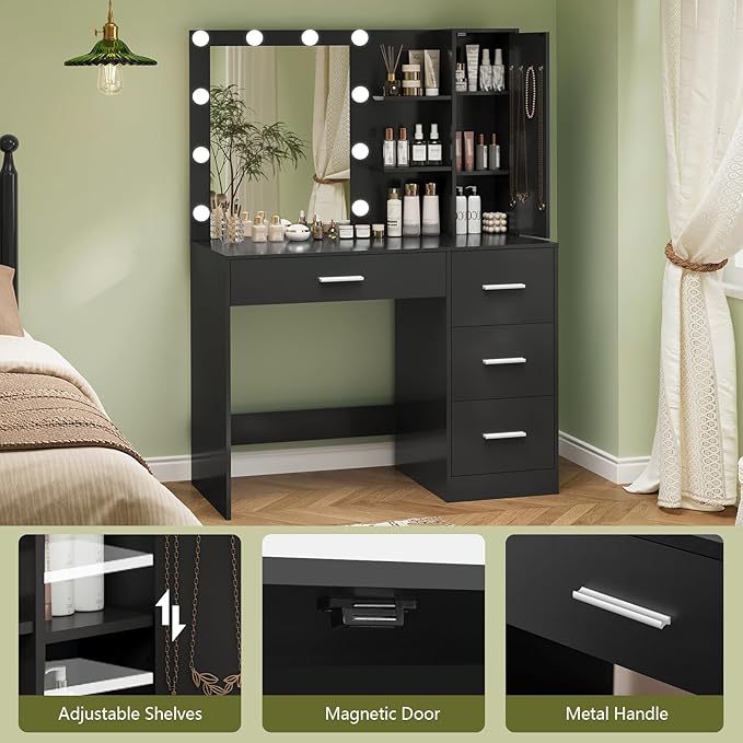 usikey sikey Makeup Vanity with Lights, Vanity Desk with Mirror and 10 LED Lights, Vanity Table Set with 4 Drawers, Cabinet & 4 Necklace Hooks, Dressing Table for Bedroom,Black