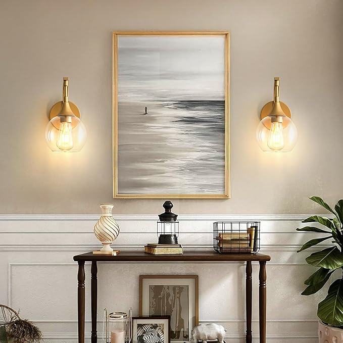 Gold Wall Sconce,1-Light Bathroom Vanity Lights Modern Wall Light Fixture with 4.9 Inches Clear Glass Shade, Wall Lamps for Bedroom Living Room Kitchen Stairway,E26
