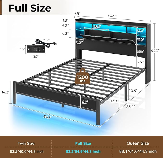 Rolanstar Full Size Bed Frame with Headboard, LED Bed with Bookcase Storage and Charging Station, Metal Platform Bed with Glass Shelves, No Box Spring Needed, Noise-Free, Black