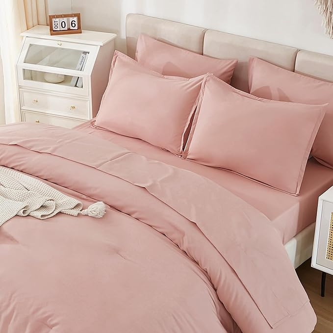 Litanika Twin/Twin XL Size Comforter Sets Grey Blush Pink - 5 Pieces Bed in a Bag Twin/Twin XL Bedding Comforter Sets, Solid Lightweight Bed Set with Comforter, Sheets, Pillowcase & Sham