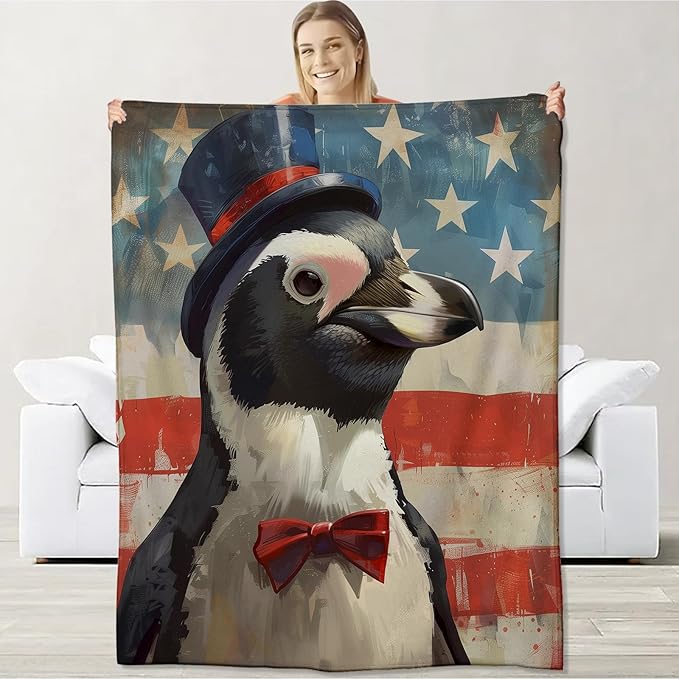 Penguin Blanket for Women, Boys, Girls - Flannel American Flag Throw for Sofa, Couch, Bed, Living Room - Soft Warm Cozy Decor 60" x 50"