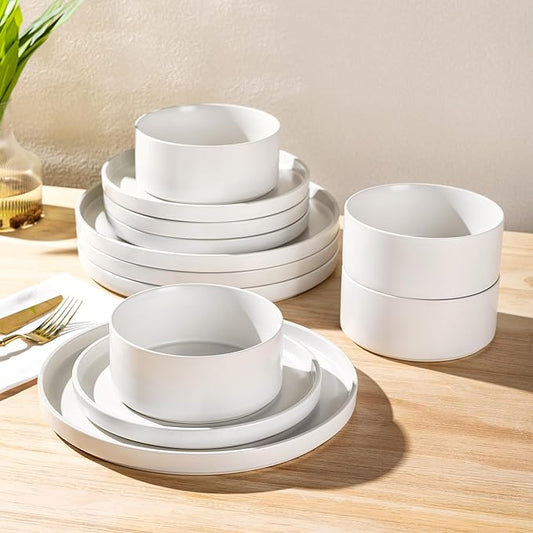 GBHOME Ceramic Dinnerware Sets for 4, Stoneware Plates and Bowls Sets, Chip and Scratch Resistant Dishes, Dishwasher & Microwave& Oven Safe Dishes sets, Reactive Glaze-White