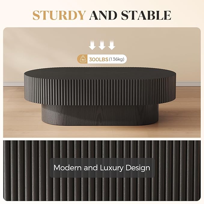 43.7” Oval Coffee Table, Modern Wood Fluted Coffee Table for Living Room, Veneer Handcrafted Relief Center Table with Sturdy Pedestal，Easy Assembly - Black