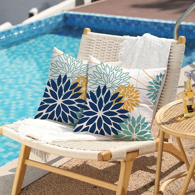 Dark Blue and Light Green Floral Pillow Covers 16x16 Set of 2 Outdoor Pillows Covers Waterproof Summer Pillowcovers Polyester Cushion Case Decor for Couch Patio Funiture Garden Porch 01T16