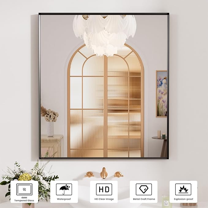 Black Bathroom Vanity Mirror 32x36 Inch, Rectangle Matte Black Bathroom Mirror, Square Corner, Tempered Glass, Bedroom, Living Room, Entryway, Wall Mounted(Vertical/Horizontal)