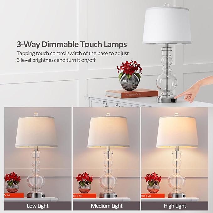 Hamucd 3-Way Dimmable Touch Control Clear Grey Glass Table Lamps Set of 2 with USB A+C for Modern Comtemporary Bedroom Nightstand Living Room Decor(Bulbs Included) (Clear)