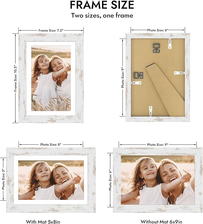 6x9 Picture Frame with Glass, Display Pictures 5x8 with Mat or 6 x 9 without Mat - Wall and Tabletop, 6 by 9 Photo Wooden Frames (Distressed White, 1 Pack)