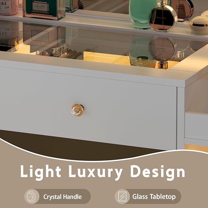 62" Large White Vanity Desk with Power Outlet, Makeup Vanity with Mirror and LED Lights, One Piece Controls 3 Lighting Modes, 4 Drawers Vanity with 2 Cabinets and Glass Top for Women, Girls