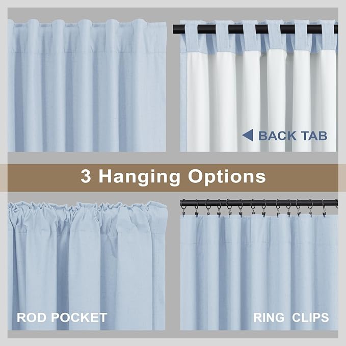 Light Blue Blackout Curtains 90 Inches Long for Bedroom 2 Panel Set Thermal Insulating Room Darkening Draperies for Living Room Black Out Linen Drapes Winter Cold Blocking Grand Millenial 52x90 Length