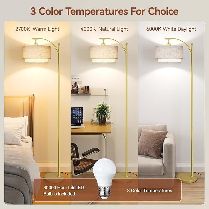 SUNMORY Floor Lamps for Living Room with 12W LED Bulb, Arc Floor Lamp with 3 Color Temperatures, Modern Floor Lamps with Adjustable Double Fabric Shades, Tall Standing Lamp for Bedroom, Corner