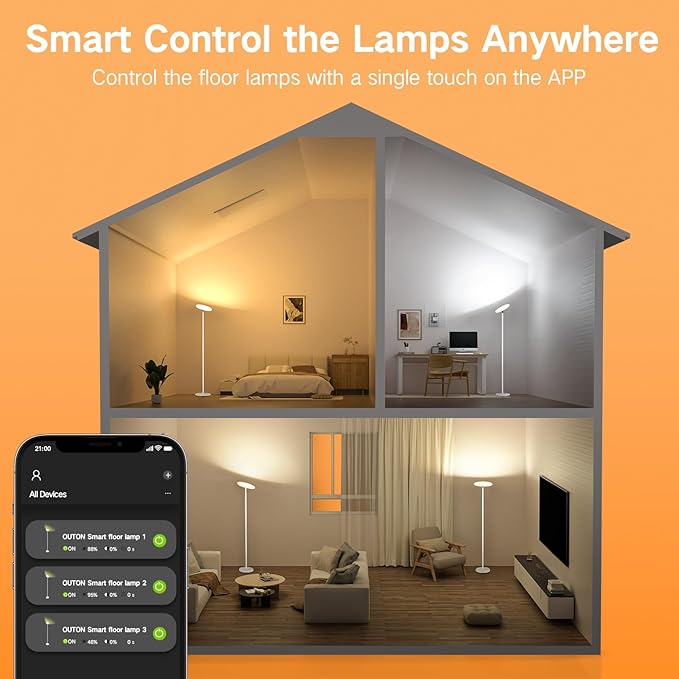 OUTON Smart LED Floor Lamp, 30W/3000LM Dimmable Bright Torchiere Sky Lamp Compatible with Alexa Google Home, WiFi Remote, Tall Standing Lamp with 4 Color Temperature for Living Room Bedroom Office