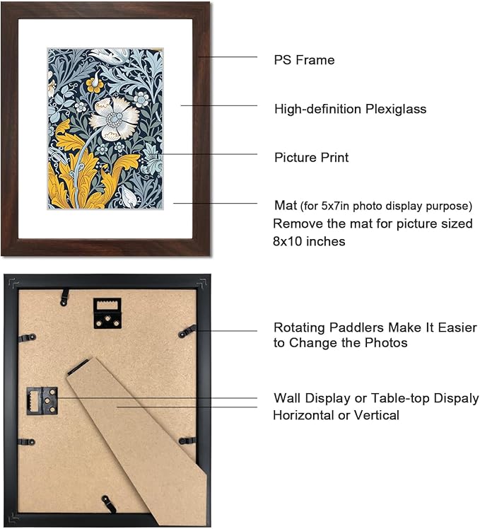 8x10 Picture Frame Set of 9 for Pictures 5x7 with Mat or 8x10 Without Mat, Wall or Tabletop Gallery Photo Frames Walnut