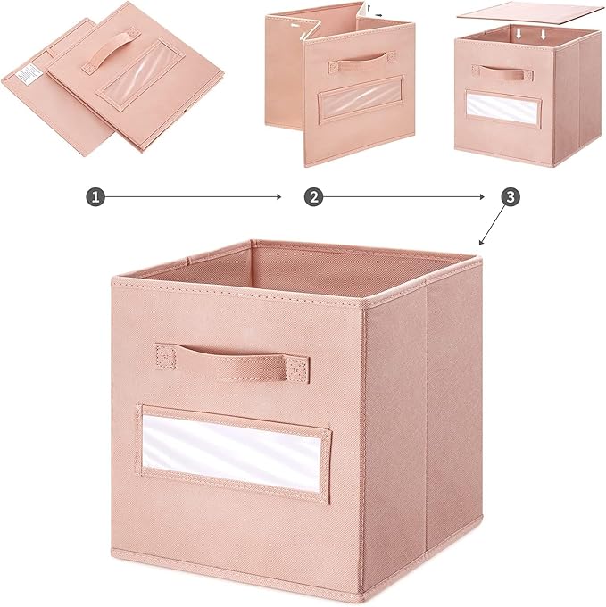 artsdi 13x13x13 storage cube bins(Set of 10) Fabric storage cubes with 10 Labels Window Cards & a Pen, storage cubes 13x13, Collapsible 13 inch cube storage bins, Cubby Organizer Boxes, Pink