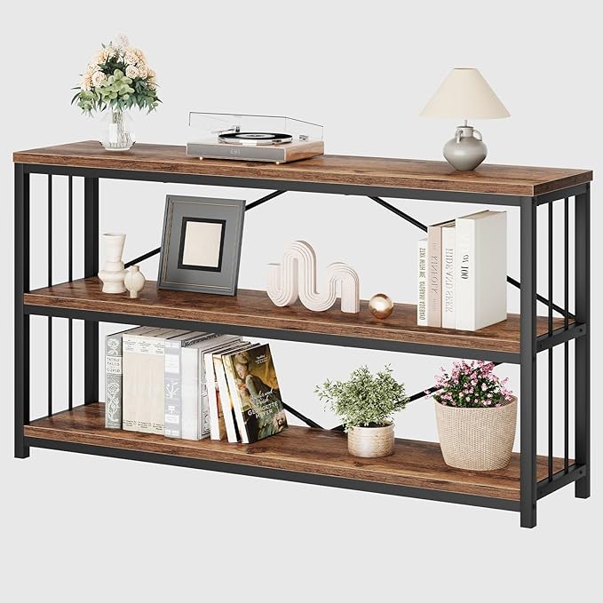 LVB Industrial Console Entryway Table, Metal Wood Rustic Sofa Table with Storage, Farmhouse 3 Tier Shelf Long Hallway Foyer Entry Tables Behind Couch for Home Living Room Entryway, Rustic Brown, 55 In