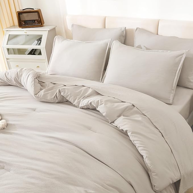 Litanika Full Size Comforter Sets Linen - 7 Pieces Bed in a Bag Full Bedding Comforter Sets, Solid Lightweight Bed Set with Comforter, Sheets, Pillowcases & Shams