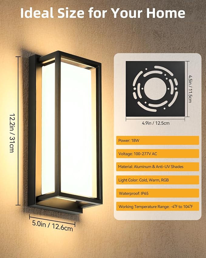 RAYVO Outdoor Wall Light, 1500LM RGBCW Smart Porch Lights Color Changing Exterior Lighting Fixtures, IP65 Waterproof Outdoor Sconce Lights for House Compatible with Alexa Google Assistant, ETL Listed