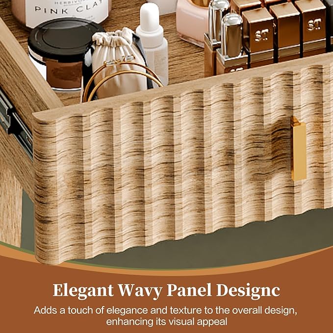 Large Makeup Vanity Desk with Mirror and Lights, Vanity Desk with 6 Drawers & Storage Shelves, Vanity Table with Power Outlet, 3 Color Modes & Adjustable Brightness Dressing Table, Bedroom,Oak