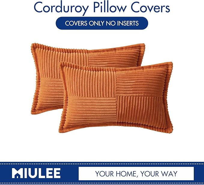 MIULEE Orange Fall Decorative Lumbar Throw Pillow Covers for Couch Bed Livingroom 12x20 Inch Set of 2 Boho Accent Throw Pllows Broadside Striped Patchwork Soft Corduroy Pillowcases