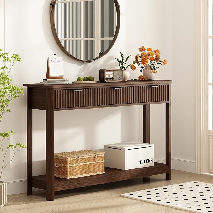 RUSTOWN Fluted Wood Console Table with 3 Drawers, Boho Narrow Behind Couch Entryway Table with Open Storage Shelf, Modern Sofa Table for Living Room, Foyer and Hallway (Dark Walnut)