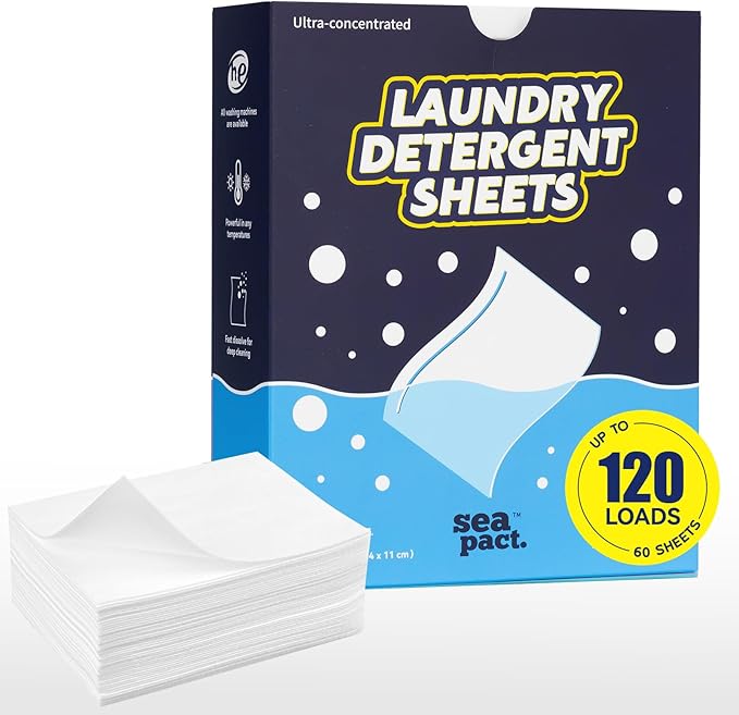 Laundry Detergent Sheets 120 Loads, Fresh Linen Scent, Plastic Free, Hypoallergenic, easy for Dorm Apartment house Travel, Sensitive Skin Friendly,Space Saving Eco Friendly, Quick Dissolve, 60 sheets