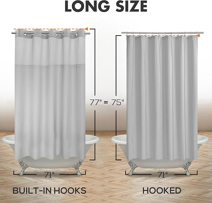 Long No Hook Slub Textured Shower Curtain with Snap-in PEVA Liner Set - 71" x 77"(75"), Hotel Style with See Through Top Window, Grey Fabric Curtain & Waterproof Liner, Gray, 71x77