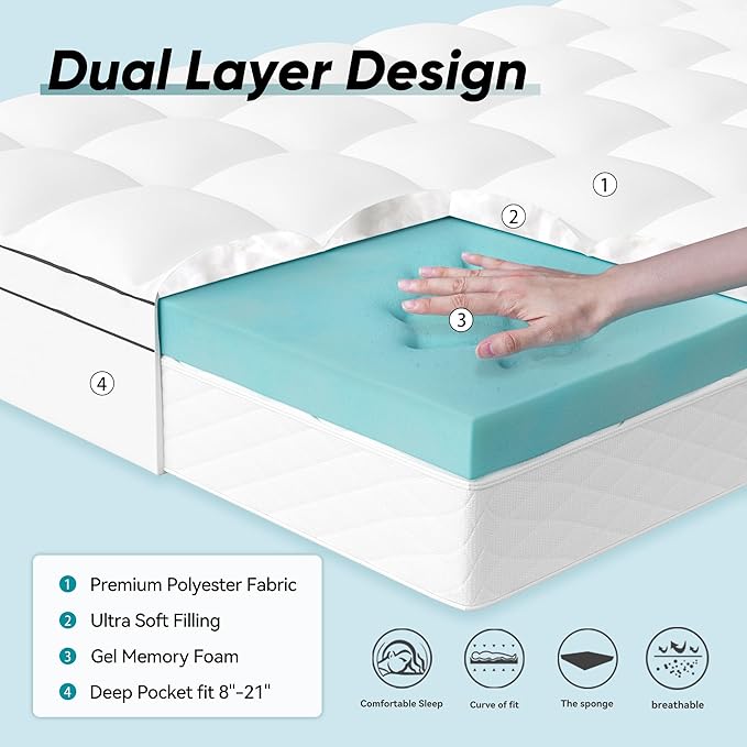 Memory Foam Mattress Topper Twin Size, Dual Layer 4 Inch Mattress Pad,2 Inch Gel Memory Foam Plus 2 Inch Pillow Top Cover with 8-21 Inch Deep Pocket