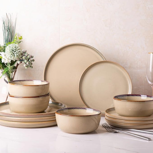 AmorArc Stoneware Dinnerware Sets,Round Reactive Glaze Ceramic Plates and Bowls Sets,Highly Scratch Resistant | Dishwasher & Microwave Safe Dishes,Service for 6 (18pc)