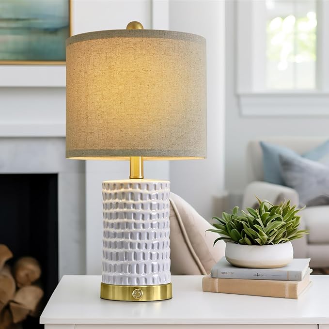 PORTRES 19" Farmhouse 3-Way Dimmable Touch Ceramic Table Lamp Set of 2 White Bedside Lamps for Bedroom Lamps for Living Room Nightstand Lamp End Table lamps with USB A+C Charging Ports(Bulbs Included)