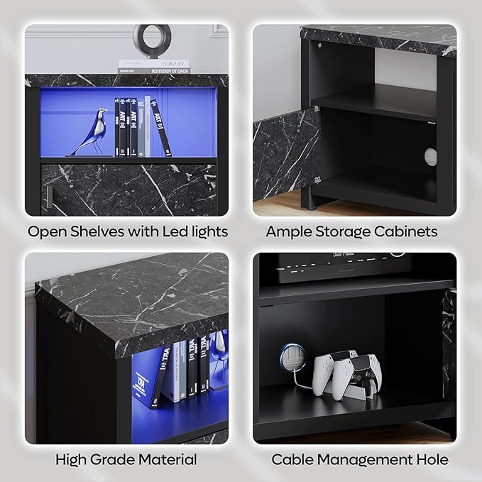 Bestier 70" Electric Fireplace TV Stand for TVs Up to 75", Modern Entertainment Center with Storage Cabinets, LED Lights, Open Shelves and Cable Holes for Living Room, Black Marble