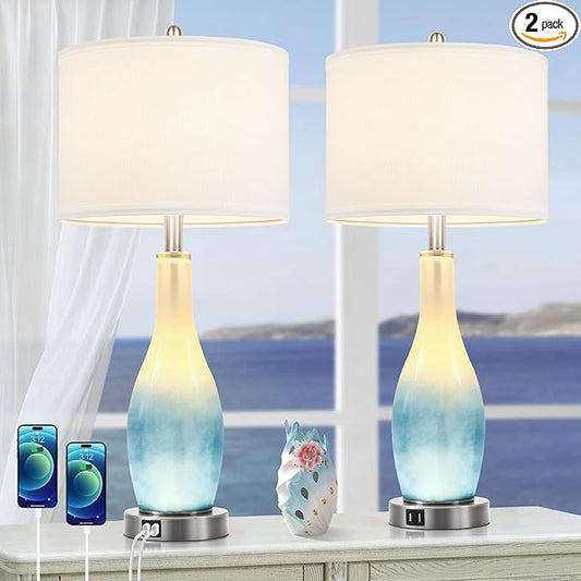 BesLowe 26in Tall Glass Table Lamps Set of 2 with 2 USB Charging Ports & LED Nightlight, Large Coastal Table Lamps for Living Room End Table, Modern Beach Lamps for Bedroom Bedside Nightstand, Blue