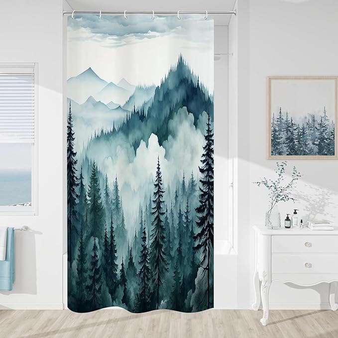 Peacock Blue Small Stall Misty Pine Forest Shower Curtain 36 x 72, Mountain Foggy Woodland Scenery Tree Narrow Half Size Shower Curtains for Bathroom, Abstract Waterproof Nature-Themed Decor