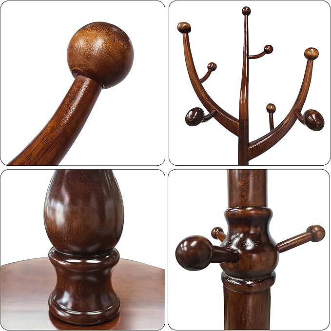 HOMEFORT Coat Rack Freestanding, Wooden Coat Rack with 11 Hookss, Rubber Wood Coat Hanger with Sturdy Round Base, Vintage Coat Hat Rack for Entryway, Hallway, Bedroom,Walnut