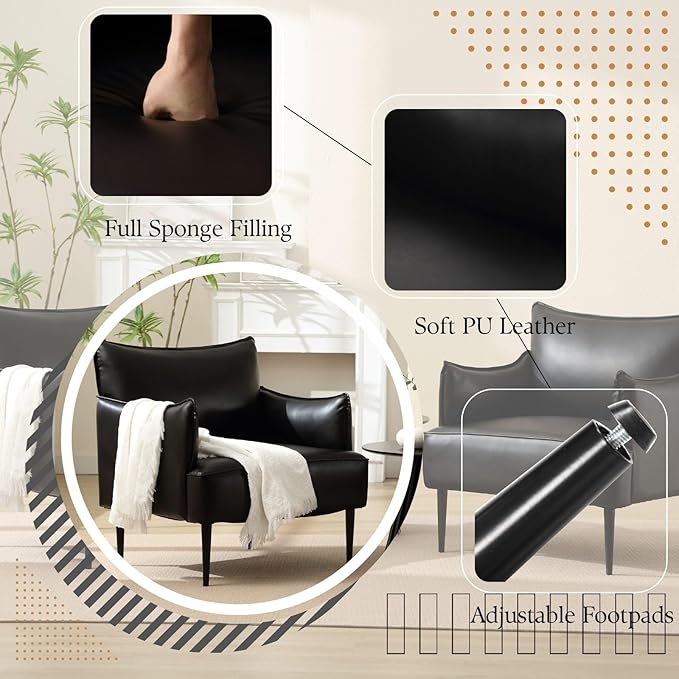 Mid Century Modern Accent Chair Armchair, Black PU Leather Living Room Chair Sofa Lounge Chair with Metal Legs Reading Chair with Armrest for Bedroom Office Apartment