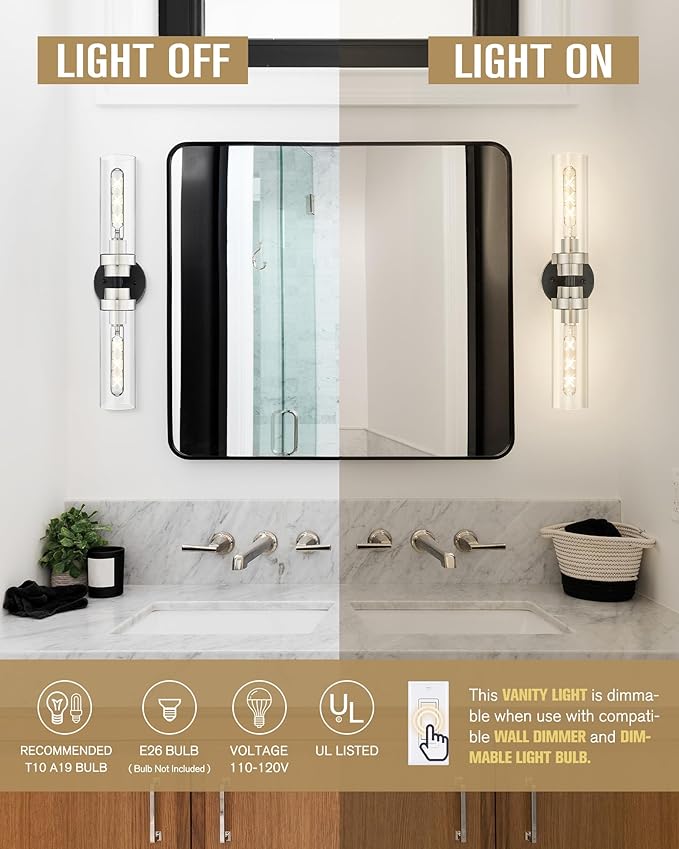 Emak 22 Inch Black and Brushed Nickel Vanity Lights for Mirror, Modern Bathroom Light Fixtures with Clear Glass Shade, 2-Light Wall Sconce Light for Bathroom, Bedroom, Hallway, VL085-BKBN-2