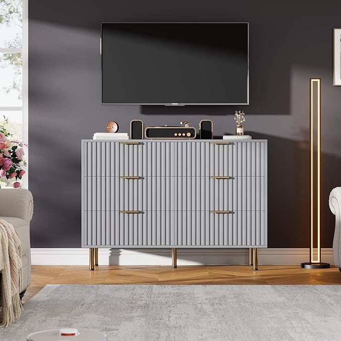 6 Drawer Dresser for Bedroom, Fluted 47.2" Wide Modern Chest of Drawers with Deep Drawers, Long Large Double Dresser TV Stand, Wooden Dresser Organizer for Living Room, Hallway, Kids Room, Grey