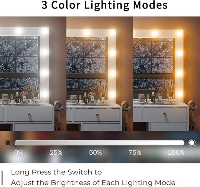 Vanity Desk & Power Outle, Makeup Vanity with Mirror and 12 LED Lights, 9 Drawers Makeup Table with Fold-up Panel, Vanity Set 3 Lighting Modes Brightness Adjustable (White)