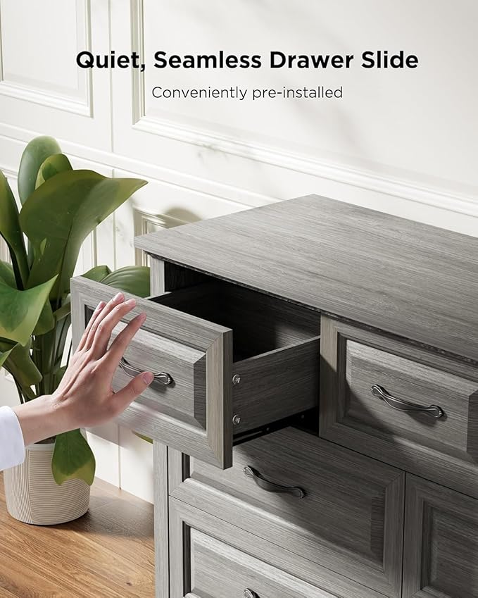 Pipishell Grey 7 Drawers Dresser for Bedroom, 47" Wide Wood Rustic Chest of Drawers with Bar Handles, Farmhouse Storage Dressers Organizer for Bedroom, Living Room, Hallway, Grey