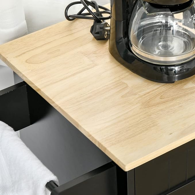 HOMCOM Mobile Kitchen Island with Storage, Kitchen Cart with Wood Top, Storage Drawers, 3-Door Cabinets, Adjustable Shelves and Towel Rack, Black