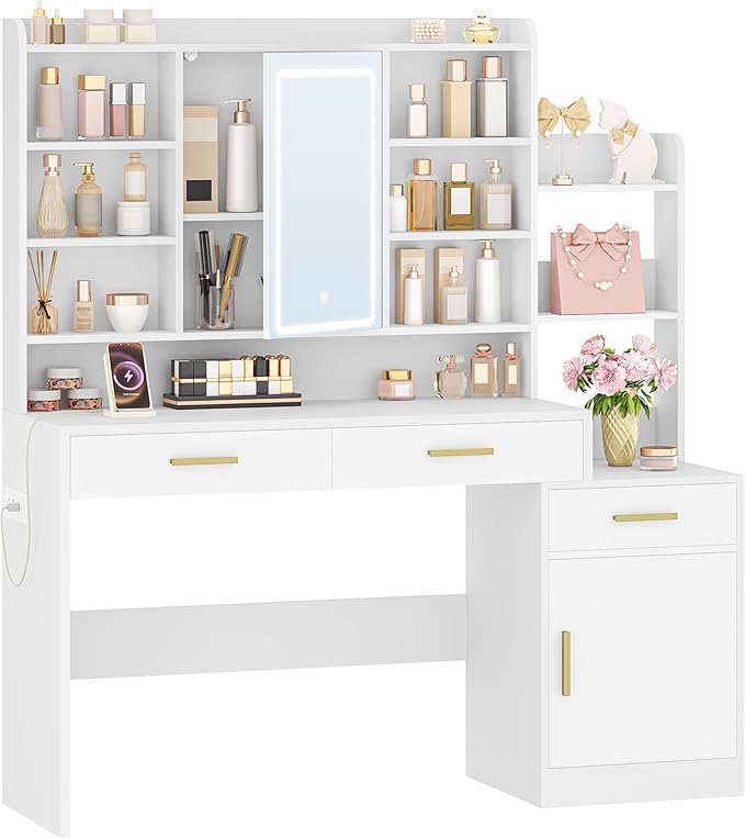 39.3'' Vanity Desk with HD Mirror and Lights, Makeup Vanity with Power Strip, DressingTable with Bedside Table, 3 Drawers and 9 Storage Shelves, Storage Behind The Mirror, White