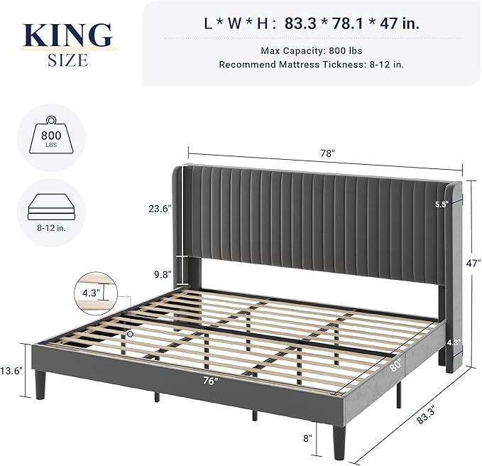 Allewie King Size Velvet Bed Frame/Vertical Channel Tufted Wingback Headboard/Upholstered Platform Bed/No Box Spring Needed/Strong Wooden Slats/Easy Assembly/Grey
